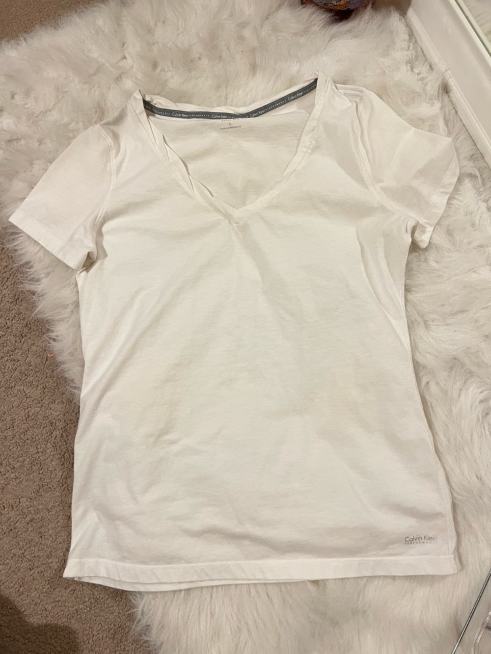 Calvin Klein Women's Short Sleeve V-Neck Tee in Off-White
